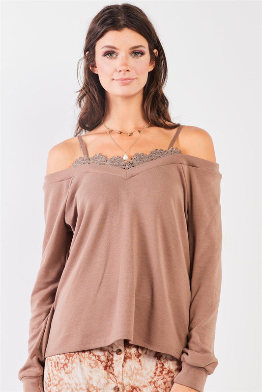 Mocha Off-The-Shoulder Lace Trim Long Sleeve Sweetheart Neck Relaxed Top
