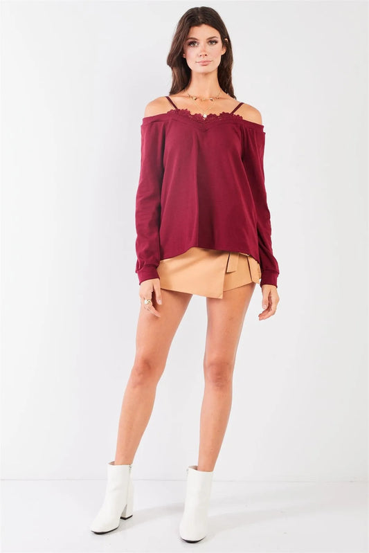 Wine Off-The-Shoulder Lace Trim Long Sleeve Sweetheart Neck Relaxed Top /3-1-1 - Tasha Apparel Wholesale