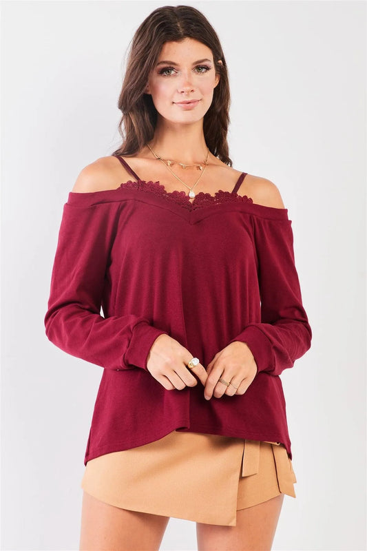Wine Off-The-Shoulder Lace Trim Long Sleeve Sweetheart Neck Relaxed Top /2-2-2 - Tasha Apparel Wholesale