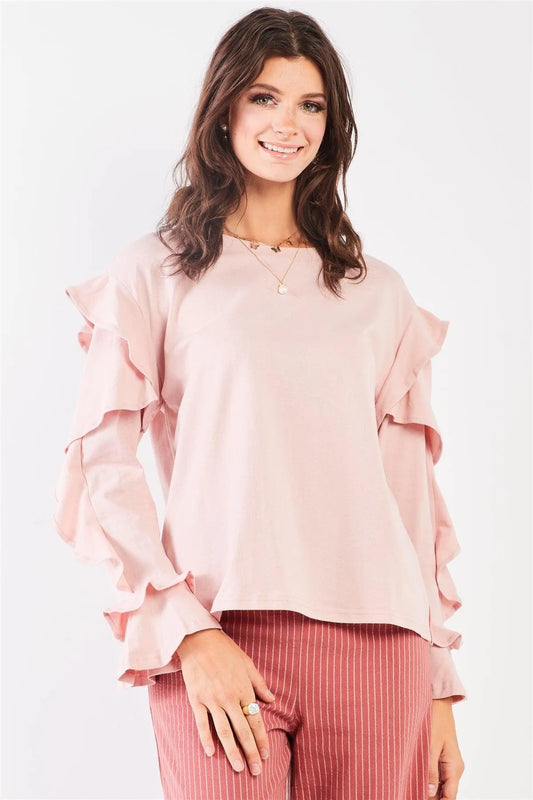 Tender Pink Petal Ruffle Long Sleeve Round Neck Relaxed Top /2-2-2 - Tasha Apparel Wholesale