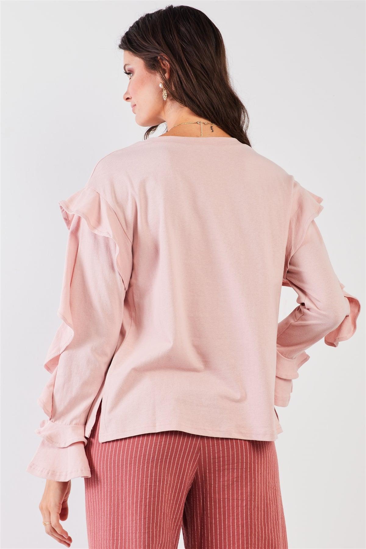 Tender Pink Petal Ruffle Long Sleeve Round Neck Relaxed Top /2-2-2