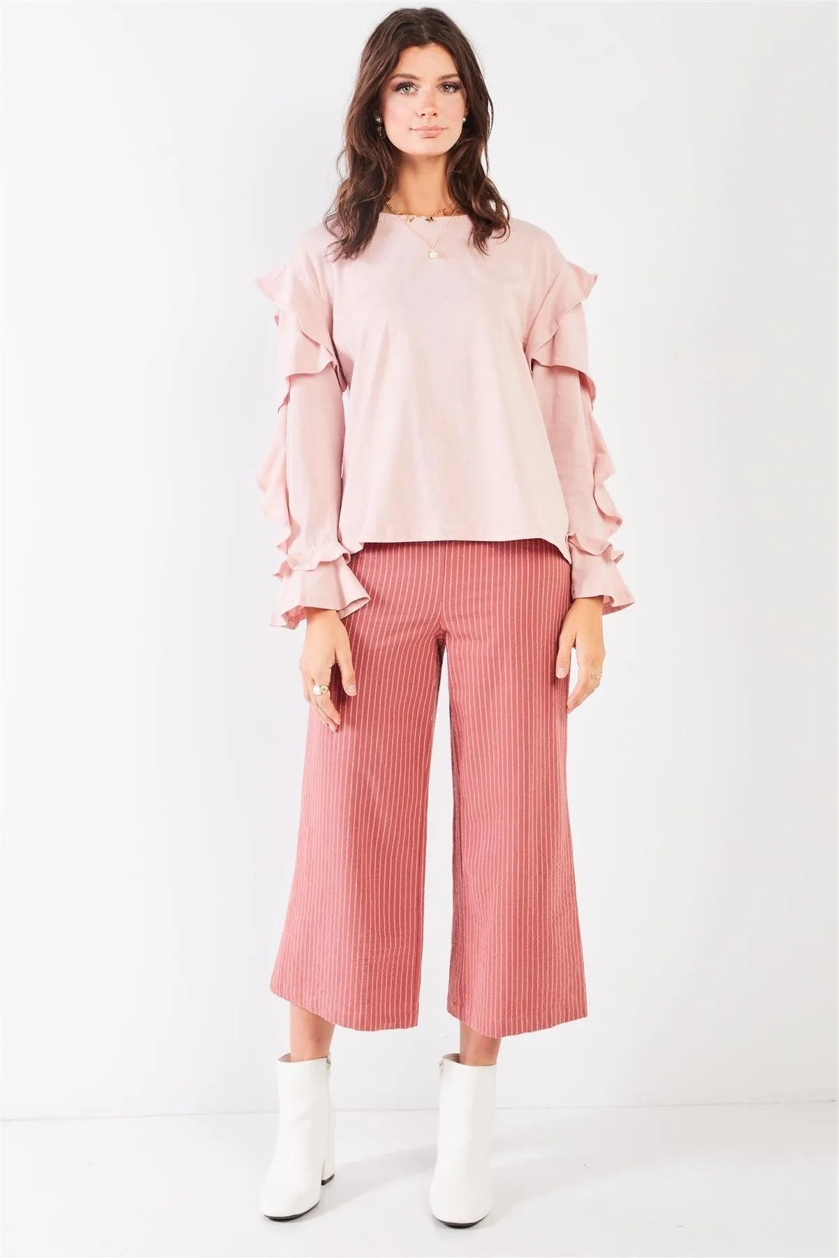 Tender Pink Petal Ruffle Long Sleeve Round Neck Relaxed Top /3-1-2 - Tasha Apparel Wholesale