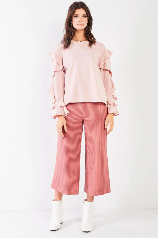 Tender Pink Petal Ruffle Long Sleeve Round Neck Relaxed Top /3-1-2 - Tasha Apparel Wholesale