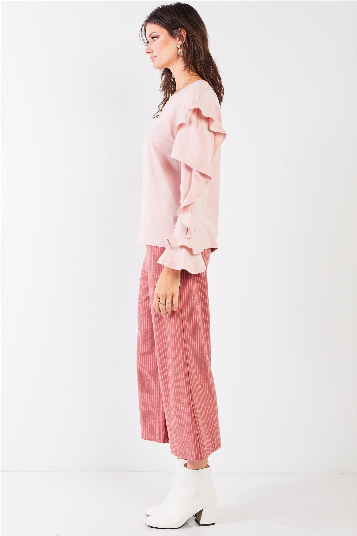 Tender Pink Petal Ruffle Long Sleeve Round Neck Relaxed Top /3-1-2