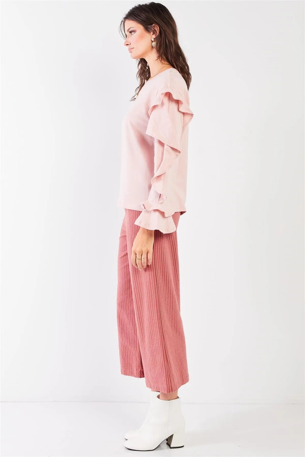 Tender Pink Petal Ruffle Long Sleeve Round Neck Relaxed Top /3-1-2 - Tasha Apparel Wholesale