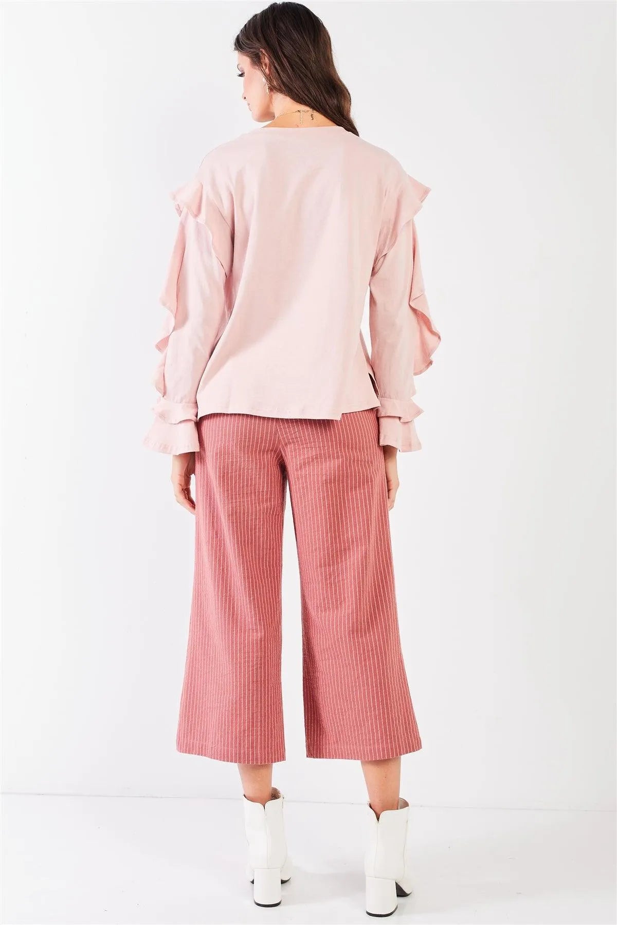 Tender Pink Petal Ruffle Long Sleeve Round Neck Relaxed Top /3-1-2 - Tasha Apparel Wholesale