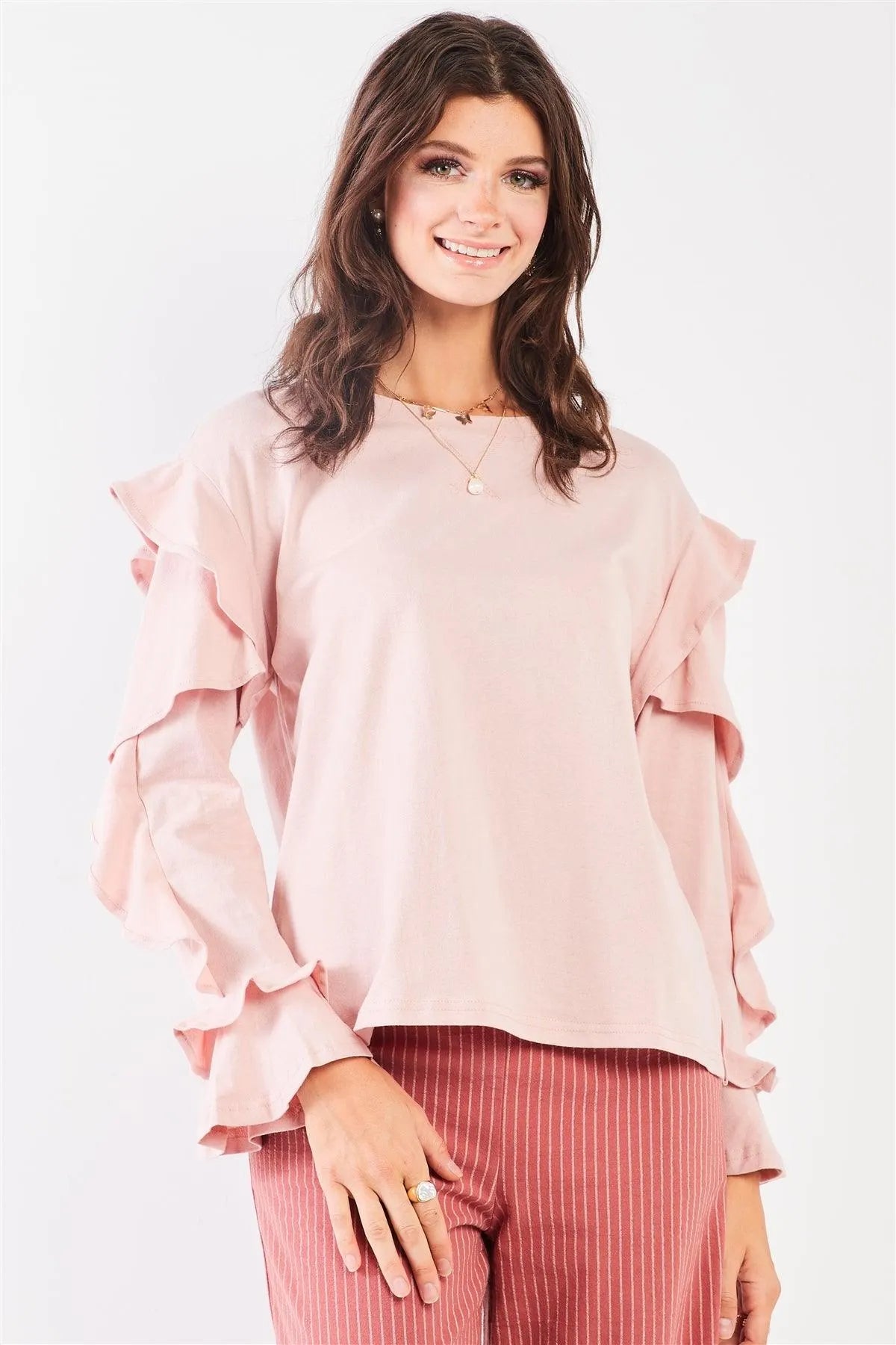 Tender Pink Petal Ruffle Long Sleeve Round Neck Relaxed Top /3-1-2 - Tasha Apparel Wholesale