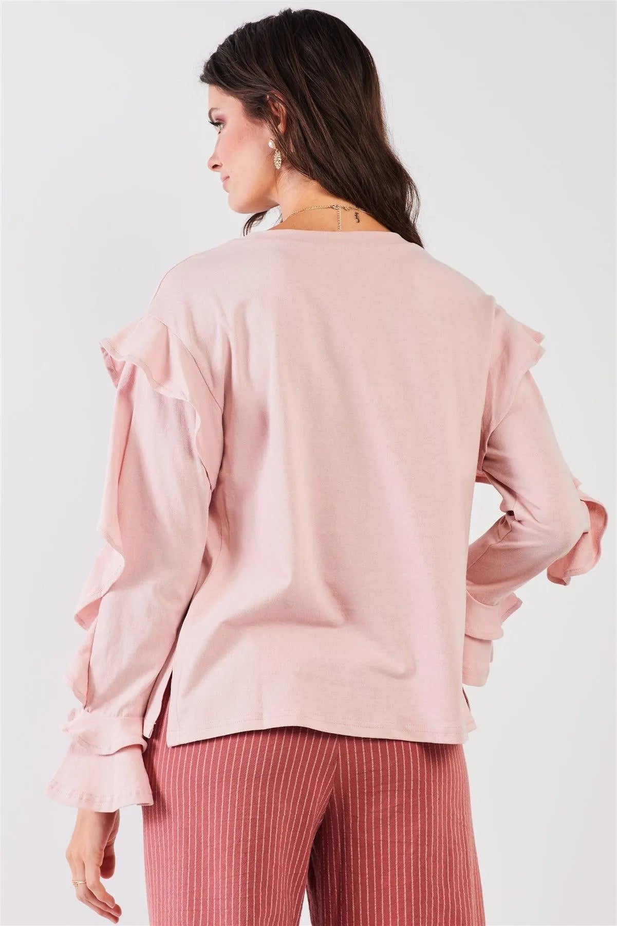 Tender Pink Petal Ruffle Long Sleeve Round Neck Relaxed Top /3-1-2 - Tasha Apparel Wholesale
