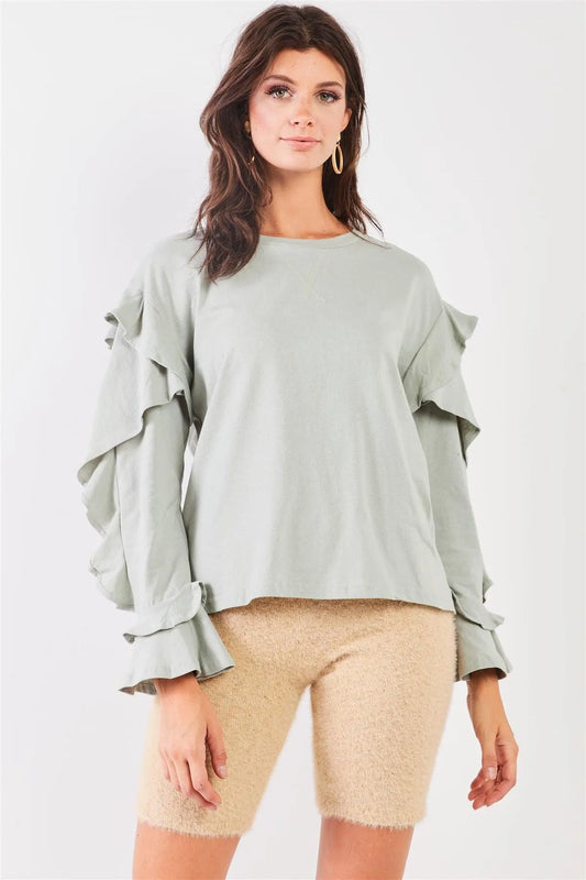 Sage Petal Ruffle Long Sleeve Round Neck Relaxed Top /2-2-2 - Tasha Apparel Wholesale