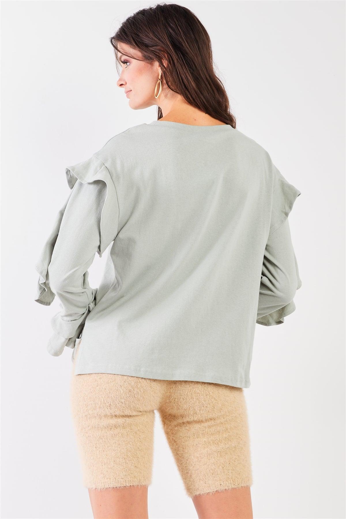 Sage Petal Ruffle Long Sleeve Round Neck Relaxed Top /2-2-2