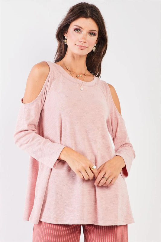 Blush Pink Star Pattern Embroidery Cold Shoulder Derail Long Sleeve Crew Neck Top /1-2-2 - Tasha Apparel Wholesale