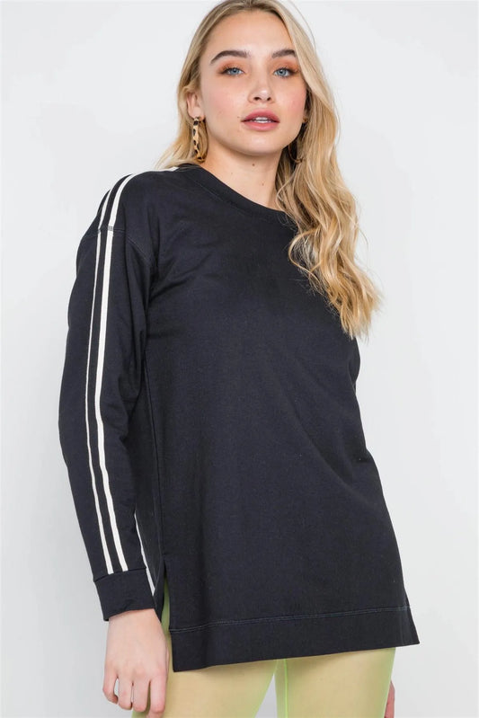 Black Contrast Trim Long Sleeve Side Slits Sweater /2-2-2 - Tasha Apparel Wholesale