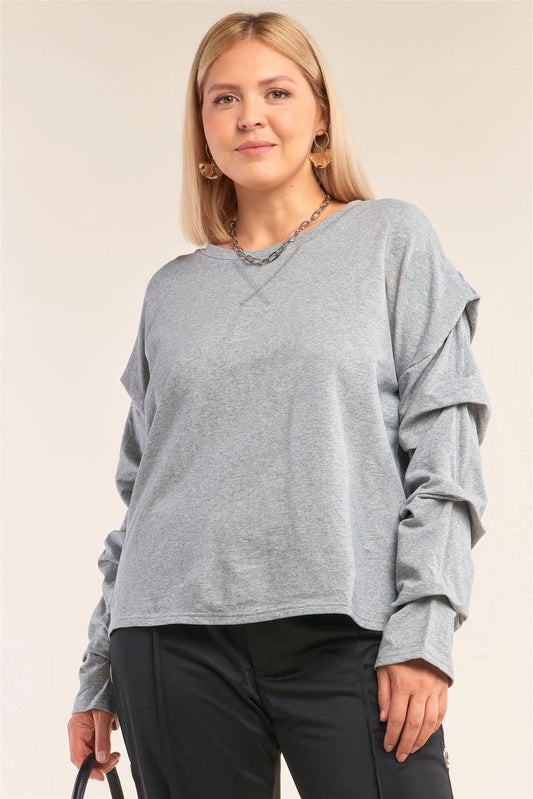 Junior Plus Size Heather Grey Relaxed Fit Crew Neck Long Gathered Sleeve Detail Top /2-2-1 - Tasha Apparel Wholesale