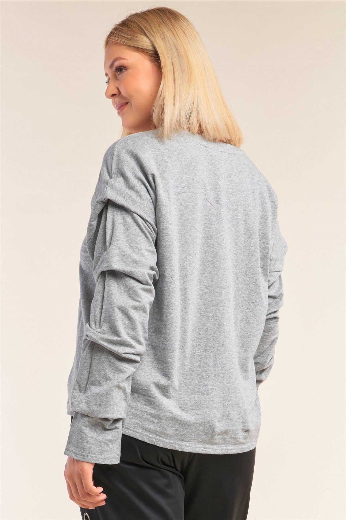 Junior Plus Size Heather Grey Relaxed Fit Crew Neck Long Gathered Sleeve Detail Top /2-2-1