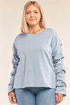 Junior Plus Size Sage Relaxed Fit Crew Neck Long Gathered Sleeve Detail Top /3-2-1