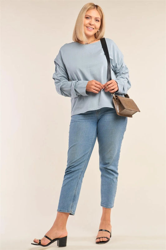 Junior Plus Size Sage Relaxed Fit Crew Neck Long Gathered Sleeve Detail Top /1-3-2 - Tasha Apparel Wholesale