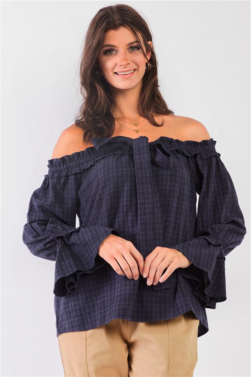 Navy Checkered Print Off-The-Shoulder Ruffle Trim Balloon Sleeve Bow Detail Relaxed Top /2-2-1