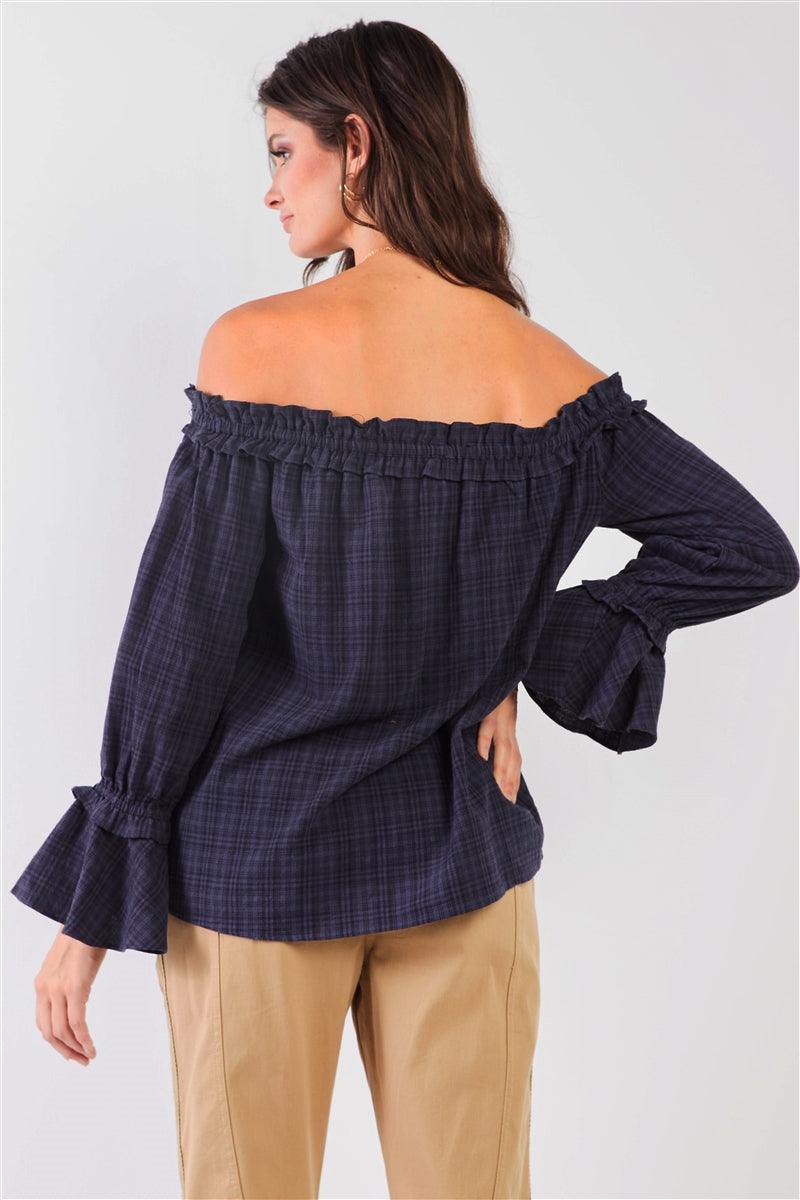 Navy Checkered Print Off-The-Shoulder Ruffle Trim Balloon Sleeve Bow Detail Relaxed Top /2-2-1