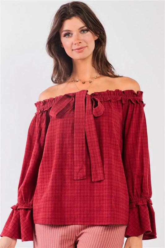 Red Checkered Print Boho Off-The-Shoulder Ruffle Trim Balloon Sleeve Bow Detail Relaxed Top /2-2-2 - Tasha Apparel Wholesale