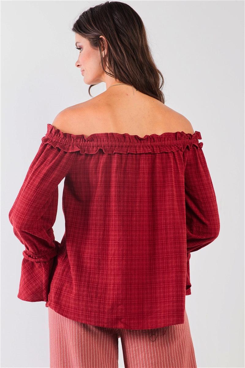 Red Checkered Print Boho Off-The-Shoulder Ruffle Trim Balloon Sleeve Bow Detail Relaxed Top /2-2-2