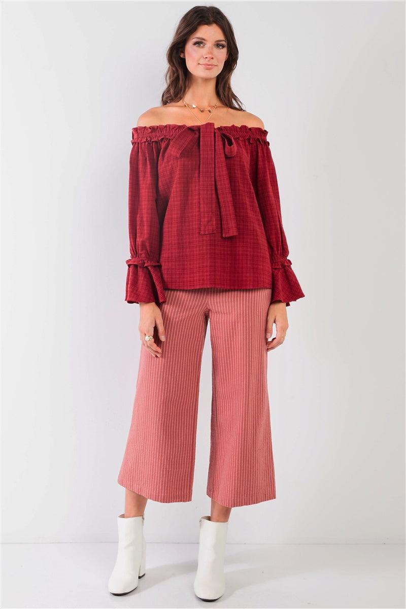 Red Checkered Print Boho Off-The-Shoulder Ruffle Trim Balloon Sleeve Bow Detail Relaxed Top /2-2-2