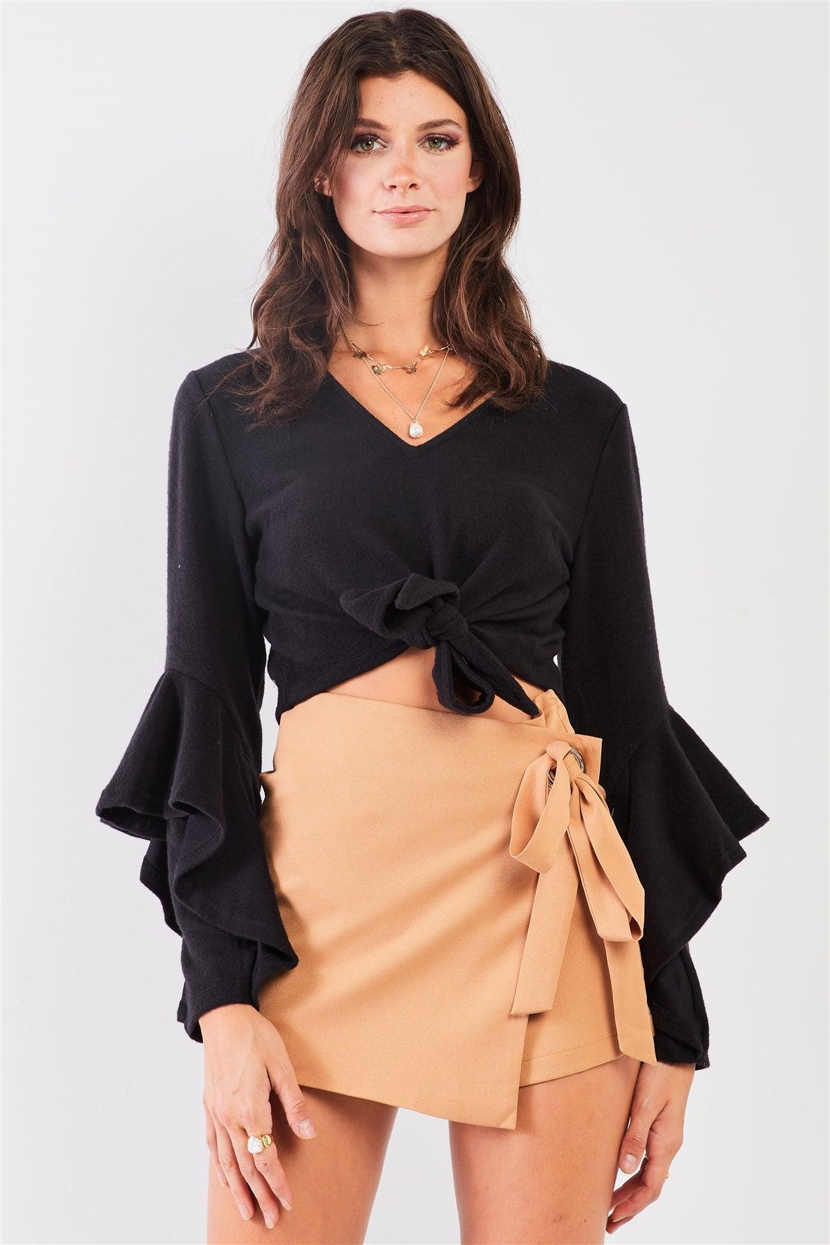 Black Fuzzy Long Ruffle Sleeve V-Neck Self-Tie Front Detail Cropped Top /2-2-2