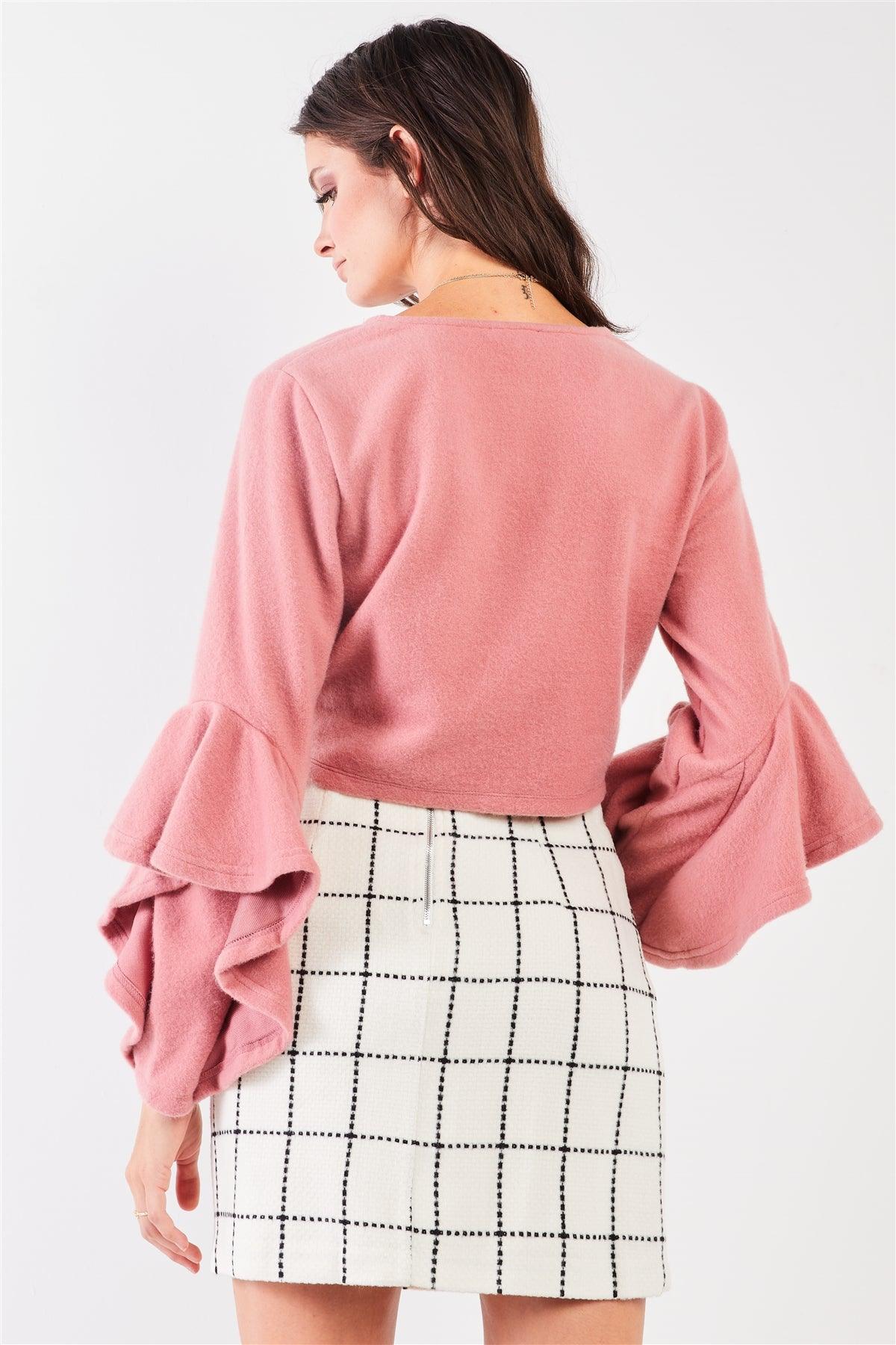 Blush Fuzzy Long Ruffle Sleeve V-Neck Self-Tie Front Detail Cropped Top /2-1-3
