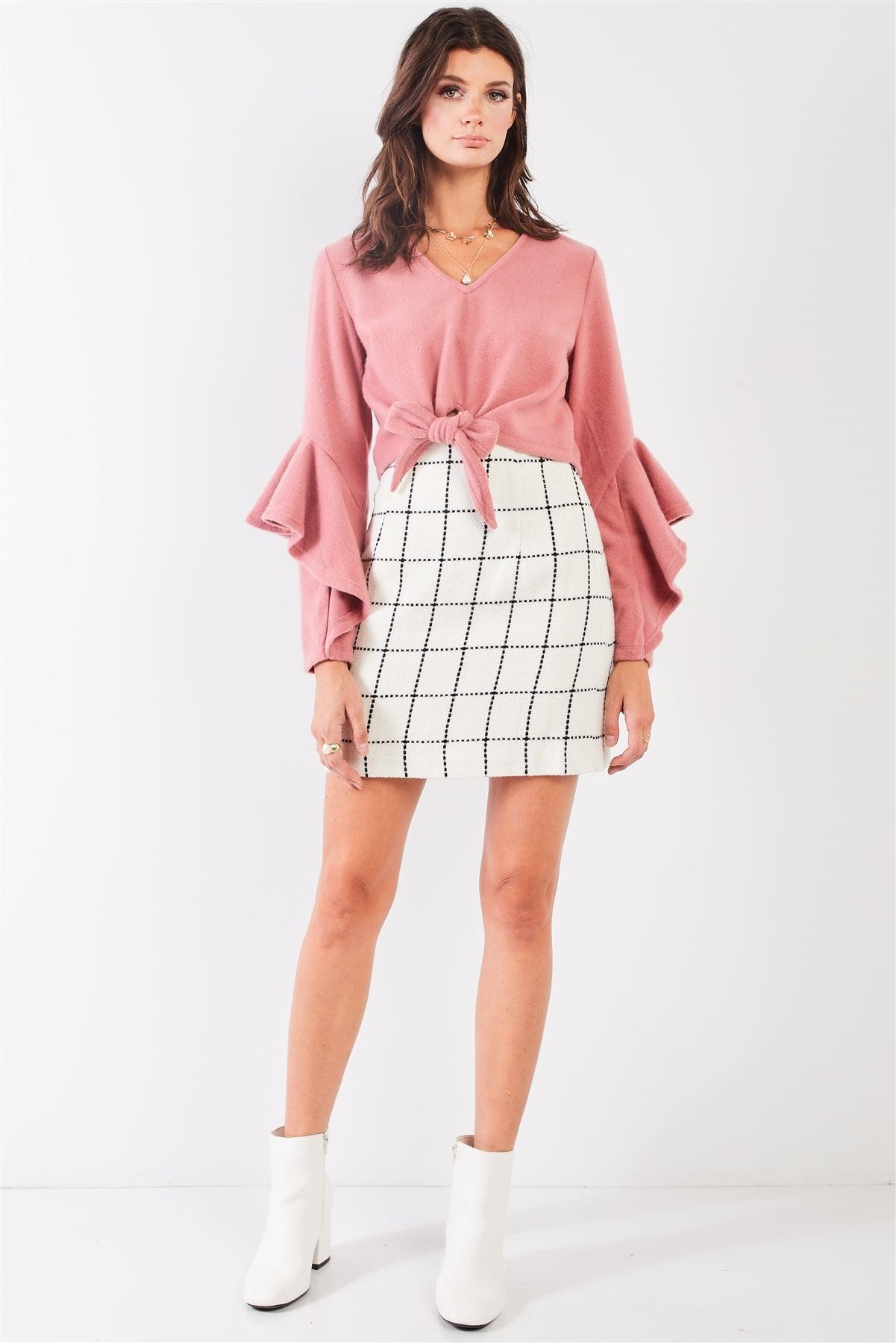 Blush Fuzzy Long Ruffle Sleeve V-Neck Self-Tie Front Detail Cropped Top /2-1-3