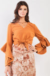 Camel Fuzzy Long Ruffle Sleeve V-Neck Self-Tie Front Detail Cropped Top /2-2-2 - Tasha Apparel Wholesale