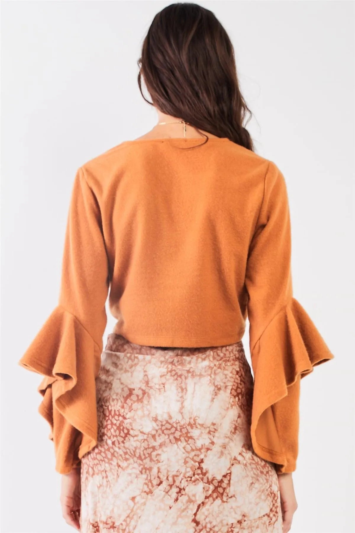 Camel Fuzzy Long Ruffle Sleeve V-Neck Self-Tie Front Detail Cropped Top /2-2-2 - Tasha Apparel Wholesale
