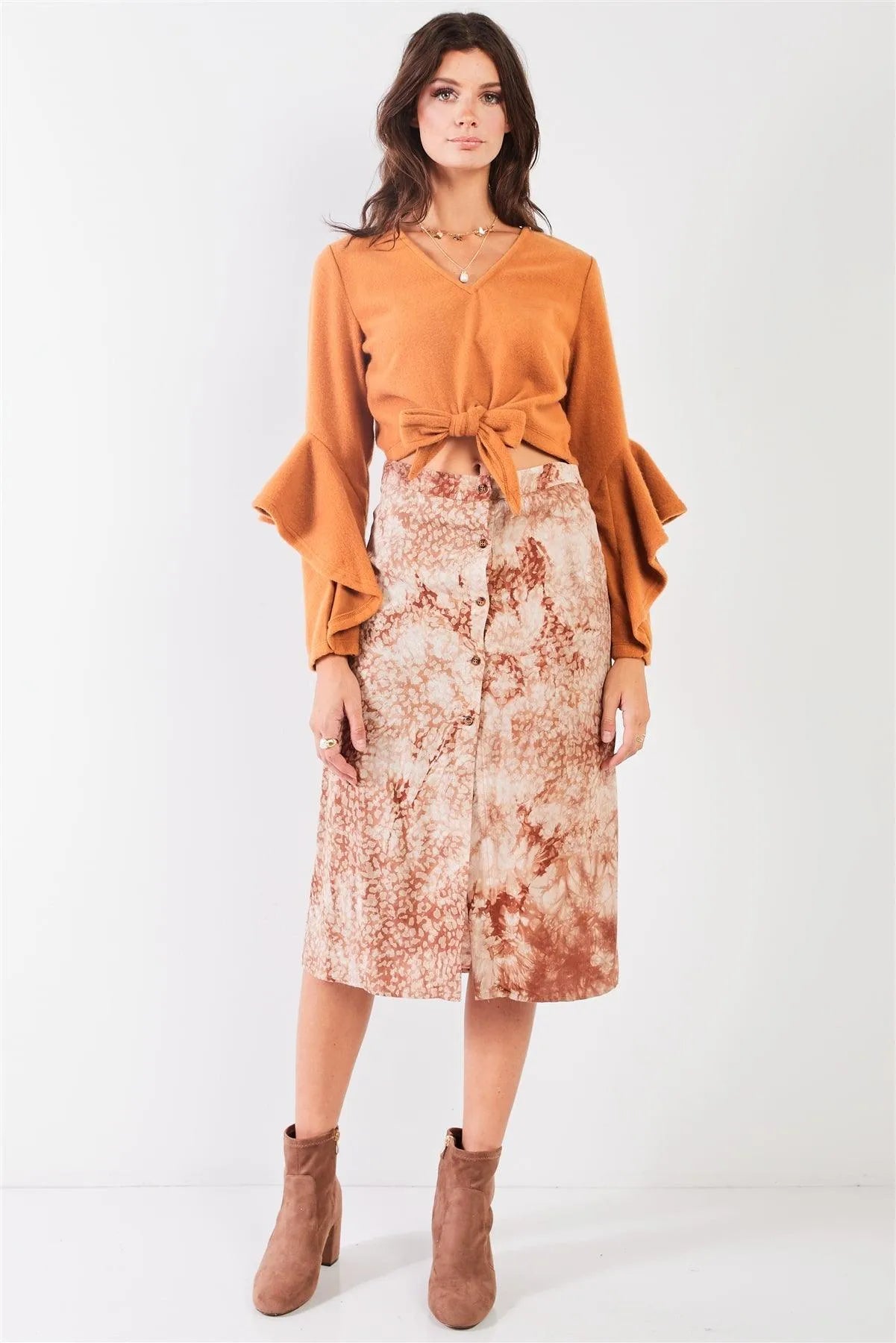 Camel Fuzzy Long Ruffle Sleeve V-Neck Self-Tie Front Detail Cropped Top /2-2-2 - Tasha Apparel Wholesale