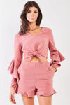 Blush Fuzzy Long Ruffle Sleeve V-Neck Self-Tie Front Detail Cropped Top & High-Waisted Ruffle Shorts Two Piece Set /2-2-2