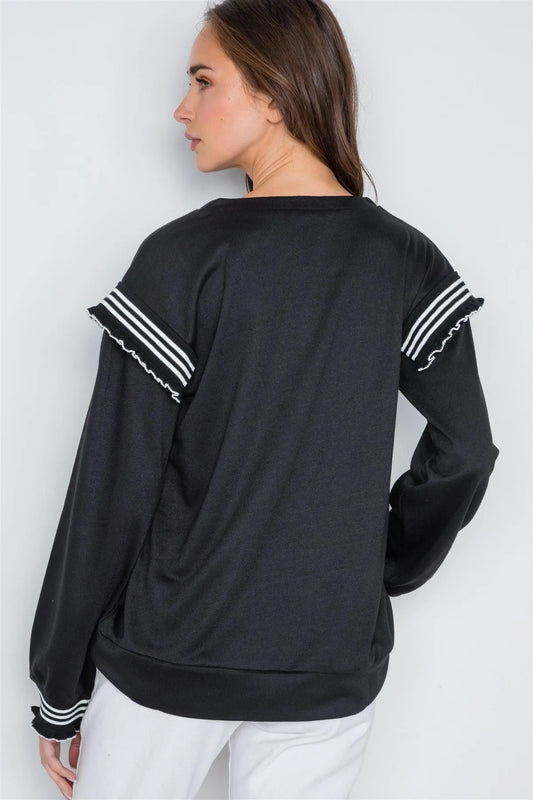 Black Long Sleeve Stripe Trim Sweater /2-2-2 - Tasha Apparel Wholesale