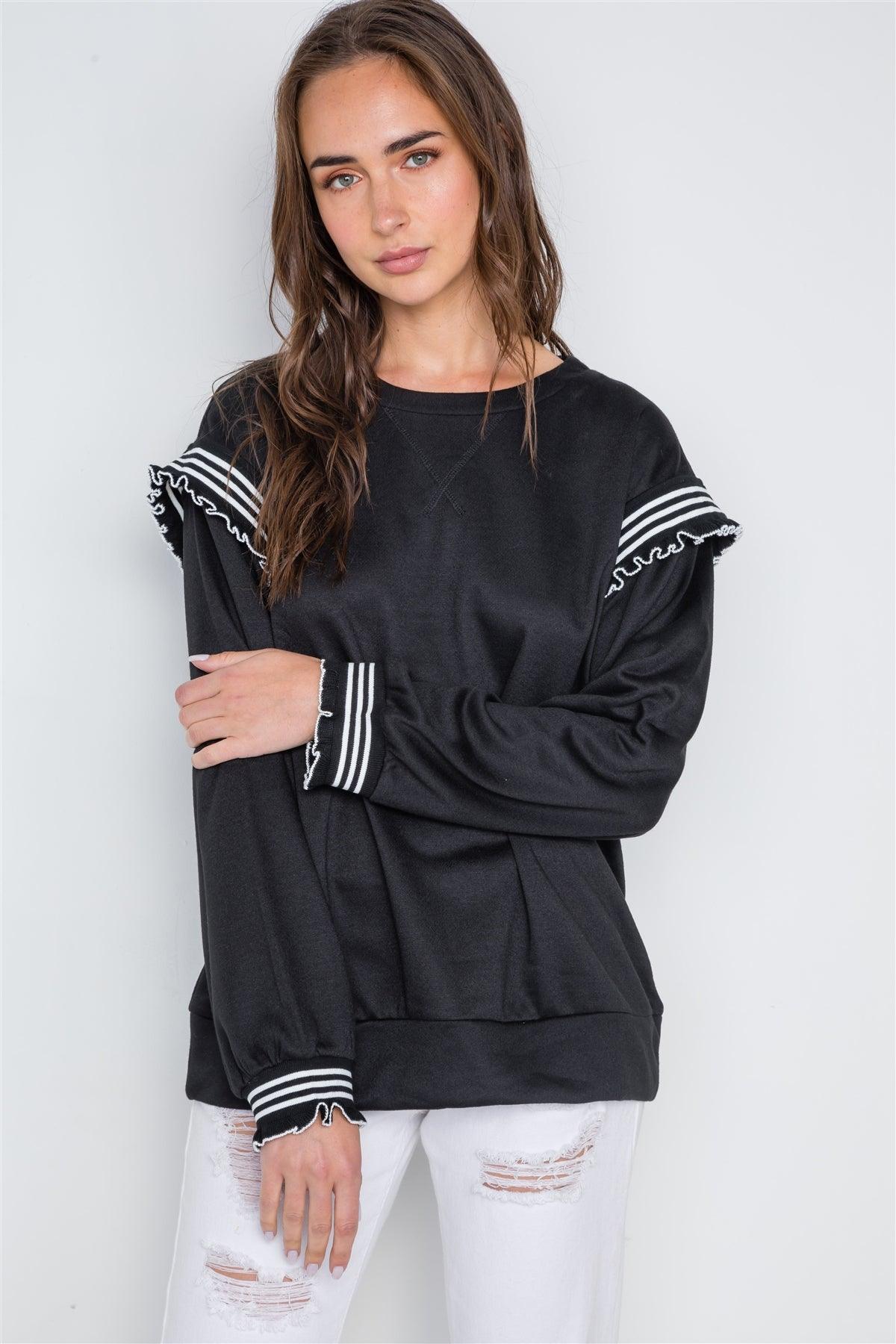 Black Long Sleeve Stripe Trim Sweater /2-2-2