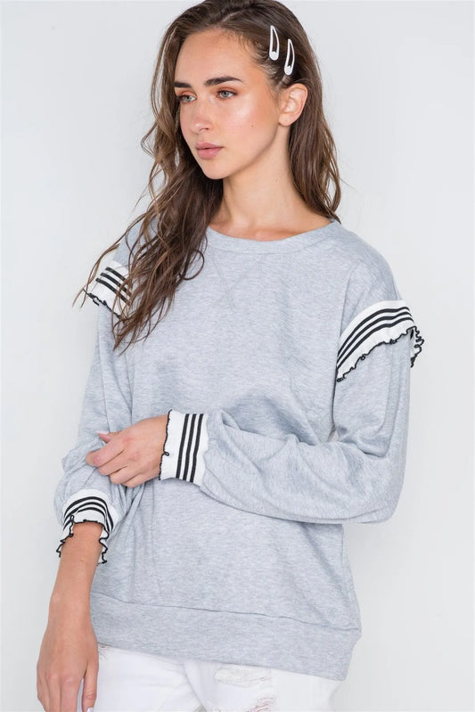 Heather Grey Long Sleeve Stripe Trim Sweater /2-2-2 - Tasha Apparel Wholesale