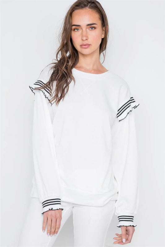 Off White Long Sleeve Stripe Trim Sweater /2-2-2 - Tasha Apparel Wholesale
