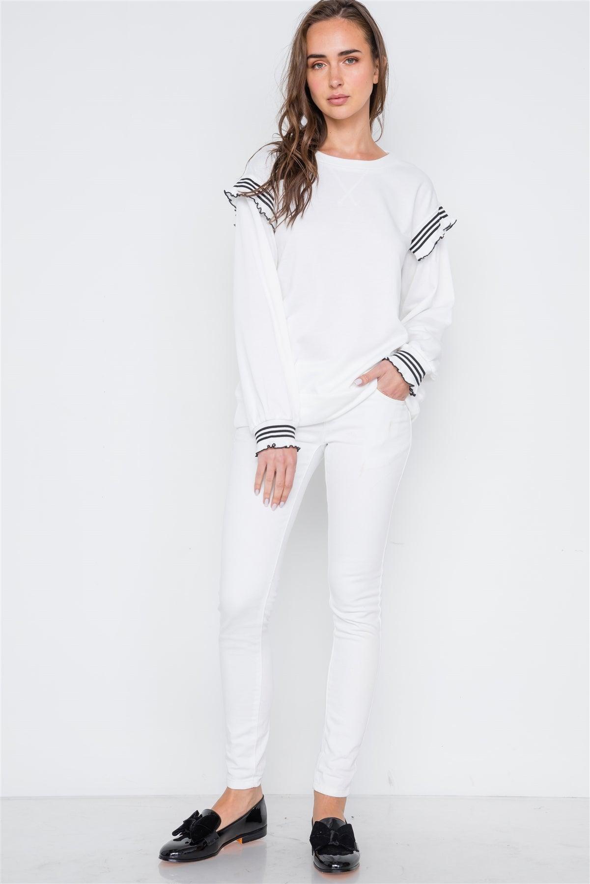 Off White Long Sleeve Stripe Trim Sweater /2-2-2