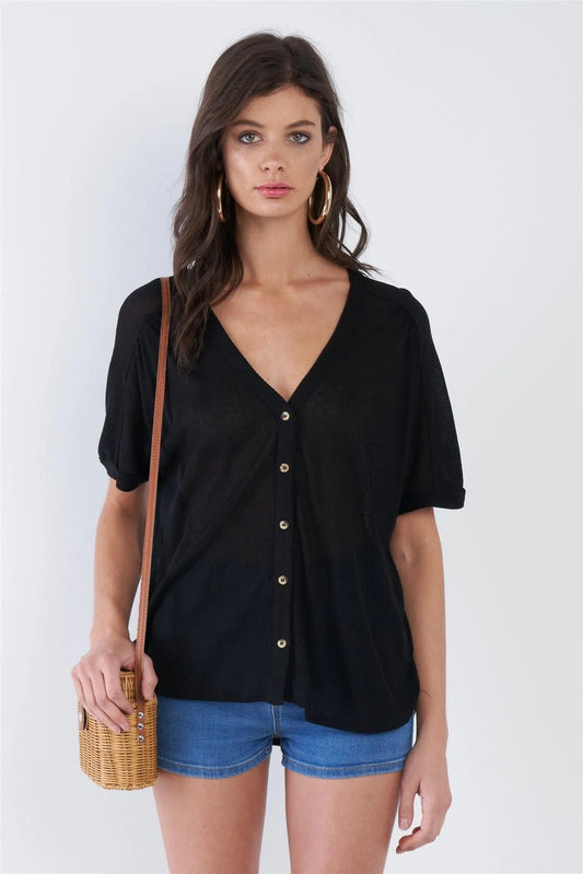 Black Relaxed Fit V-neck Front Button Down Top /2-2-2 - Tasha Apparel Wholesale