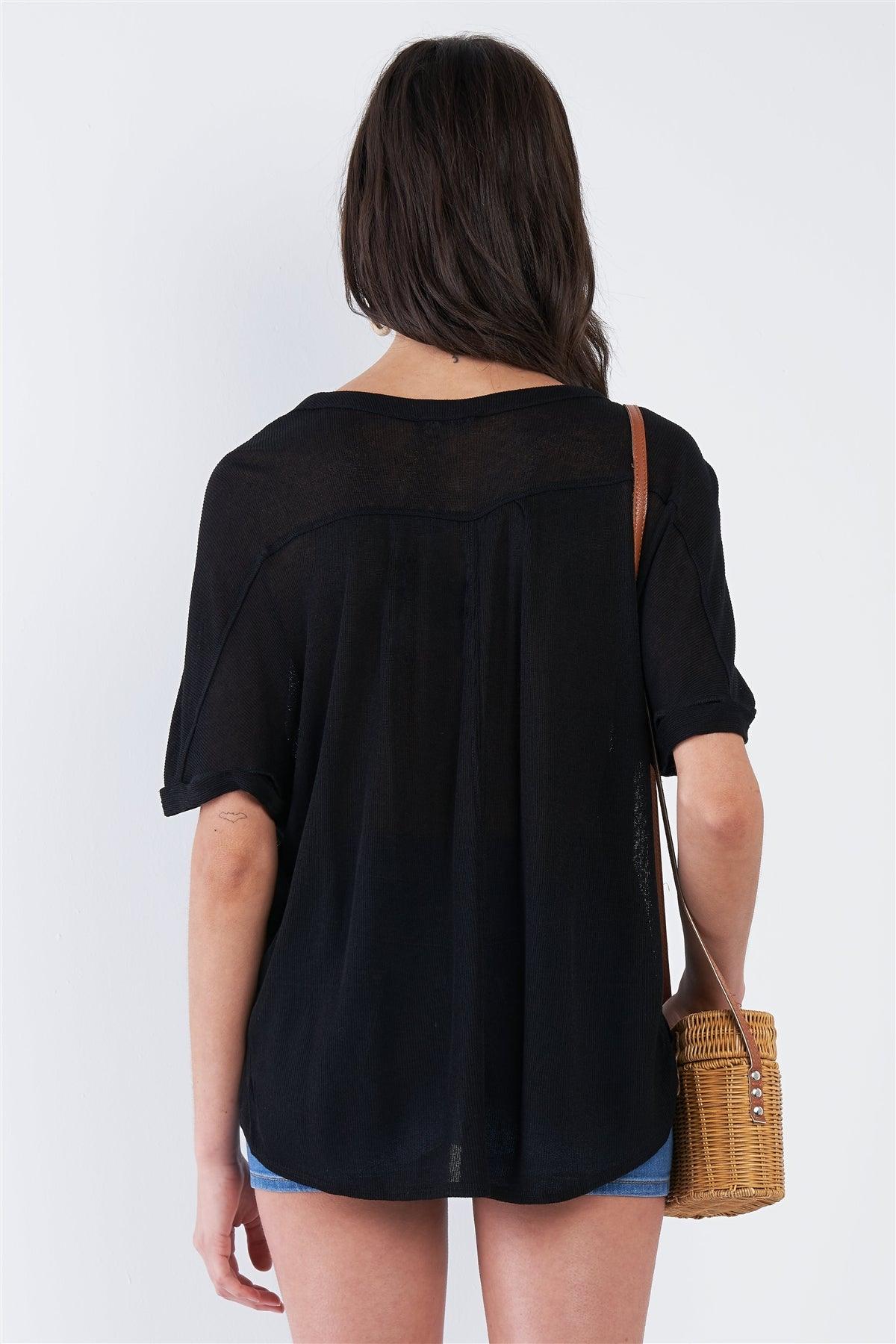 Black Relaxed Fit V-neck Front Button Down Top  /2-2-2