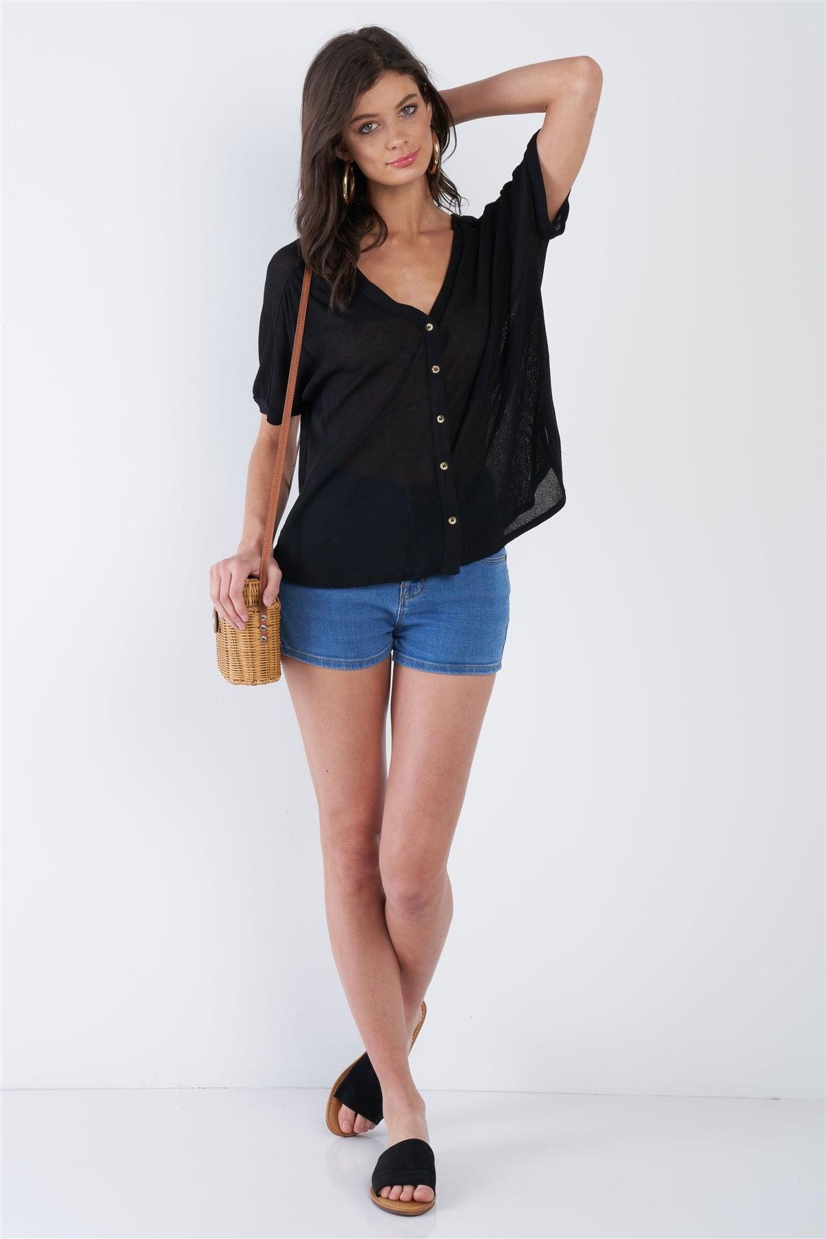 Black Relaxed Fit V-neck Front Button Down Top  /2-2-2