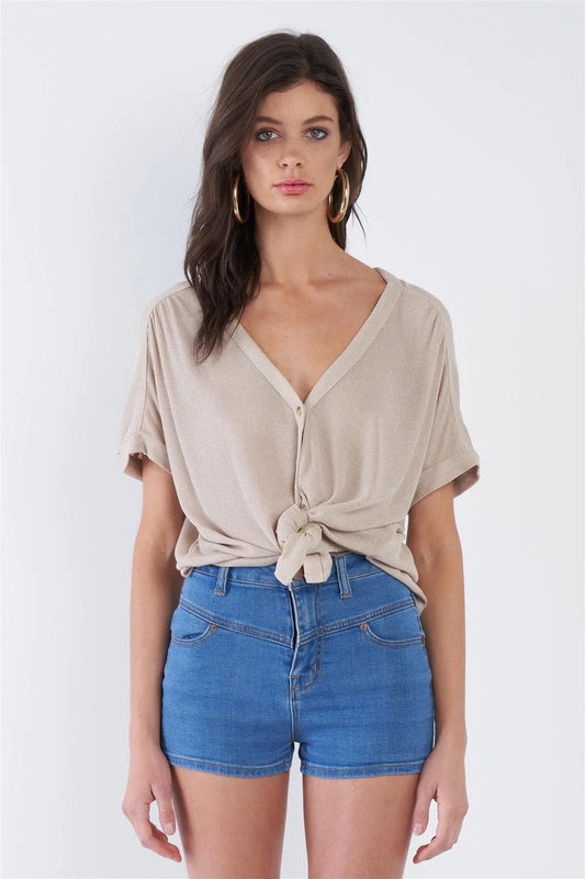 Taupe Relaxed Fit V-neck Front Button Down Top /2-2-2 - Tasha Apparel Wholesale