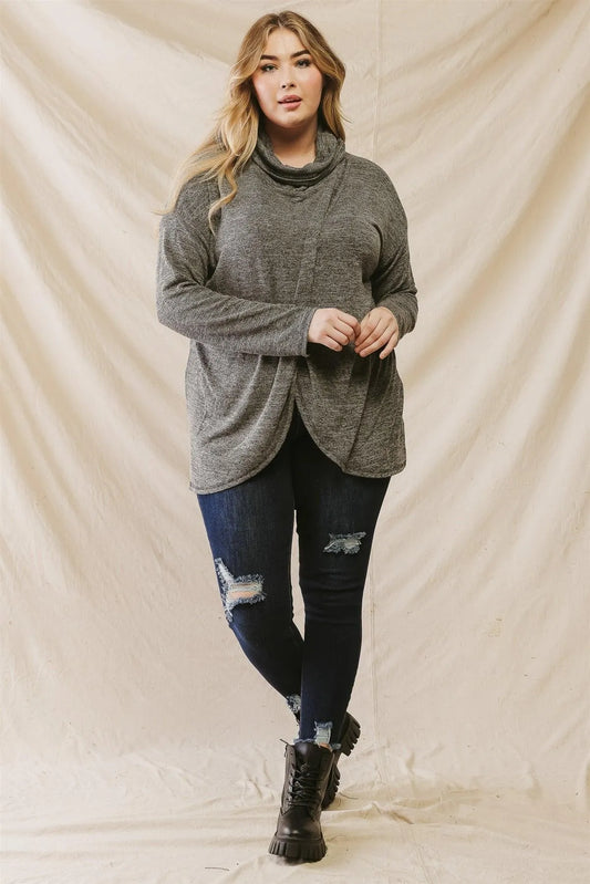 Junior Plus Black Turtle Neck Wrap Hem Long Sleeve Top /2-1-1 - Tasha Apparel Wholesale