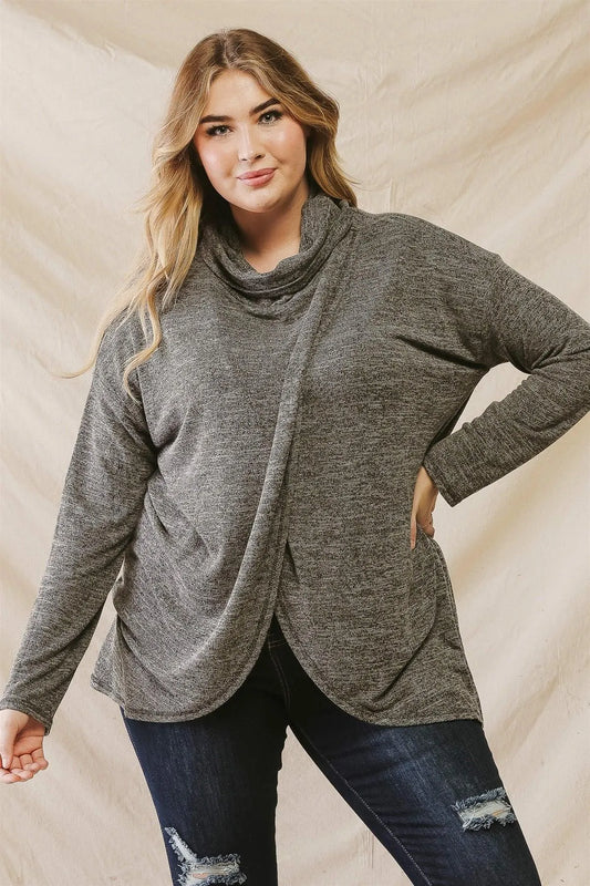 Junior Plus Black Turtle Neck Wrap Hem Long Sleeve Top /3-2-1 - Tasha Apparel Wholesale