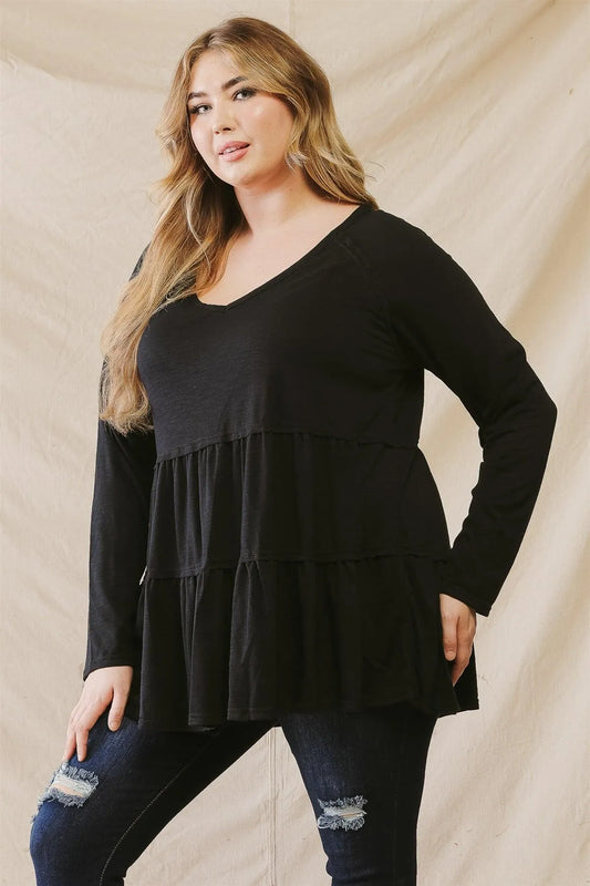 Junior Plus Black Flare Hem V-Neck Long Sleeve Top /2-2-1 - Tasha Apparel Wholesale