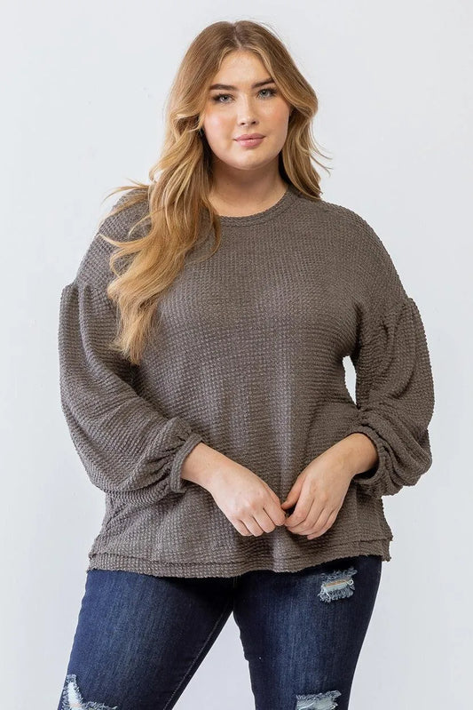 Junior Plus Dark Charcoal Waffle Knit Juliette Long Sleeve Sweater /3-2-1 - Tasha Apparel Wholesale