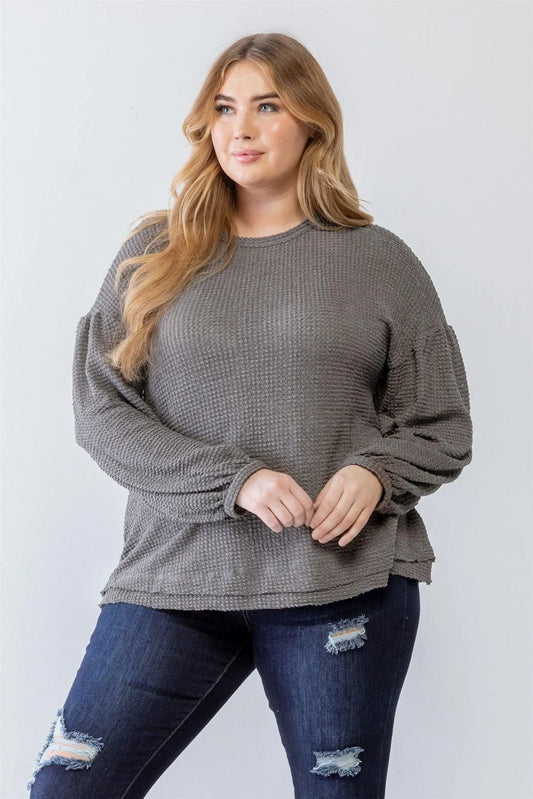 Junior Plus Light Charcoal Waffle Knit Juliette Long Sleeve Sweater /3-2-1 - Tasha Apparel Wholesale