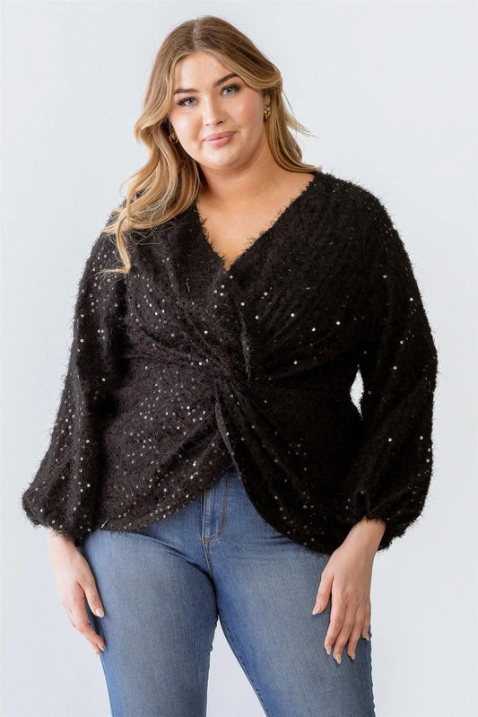 Junior Plus Black Fuzzy Sequin Wrap Detail Long Sleeve Sweater /1-2-1 - Tasha Apparel Wholesale