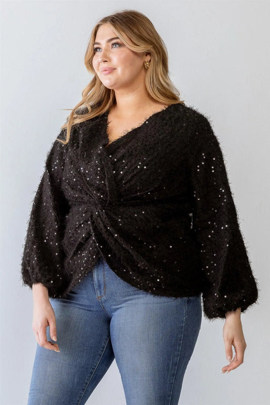 Junior Plus Black Fuzzy Sequin Wrap Detail Long Sleeve Sweater /3-2-1 - Tasha Apparel Wholesale