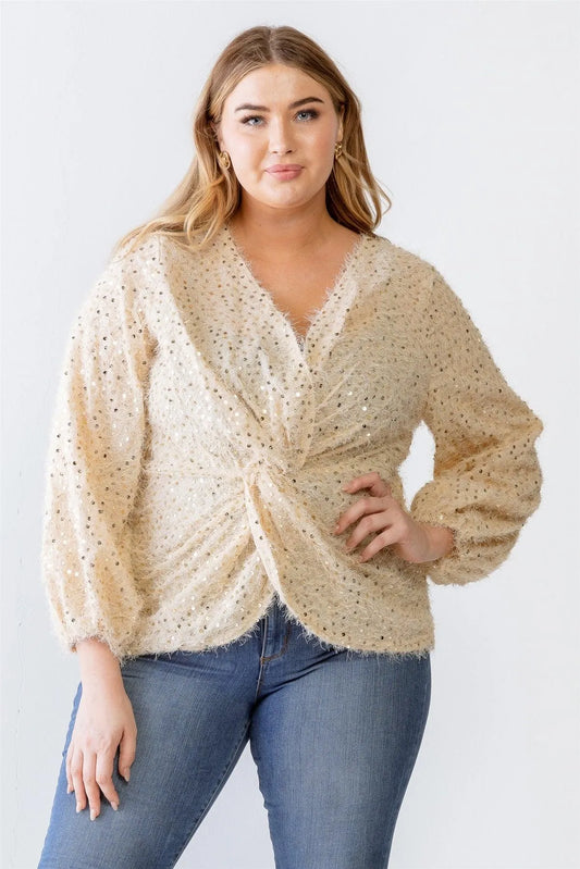 Junior Plus Tan Fuzzy Sequin Wrap Detail Long Sleeve Sweater /2-1 - Tasha Apparel Wholesale