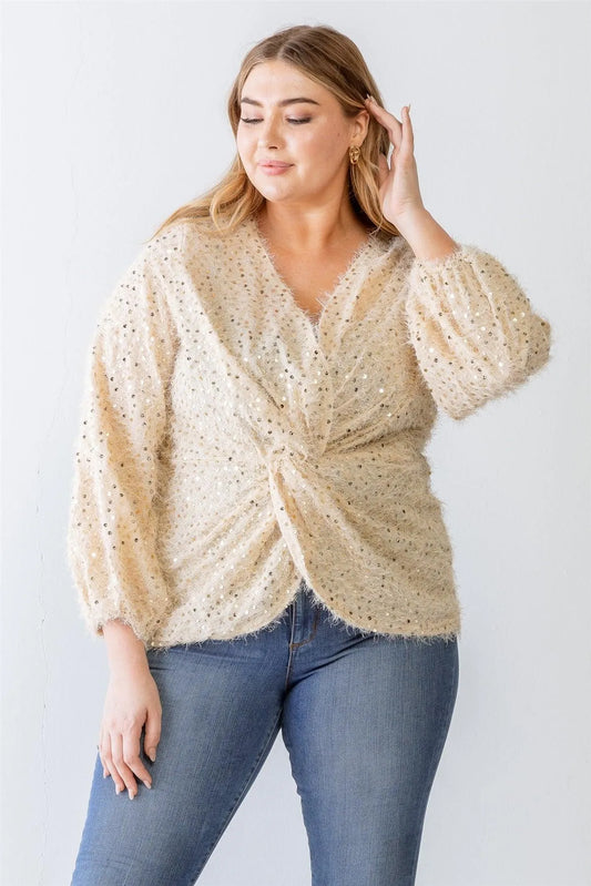Junior Plus Tan Fuzzy Sequin Wrap Detail Long Sleeve Sweater /3-2-1 - Tasha Apparel Wholesale